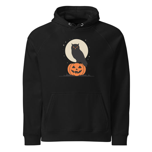 Unisex Eco Raglan Hoodie: Halloween Owl Cozy Sustainable Style USA Dudeily