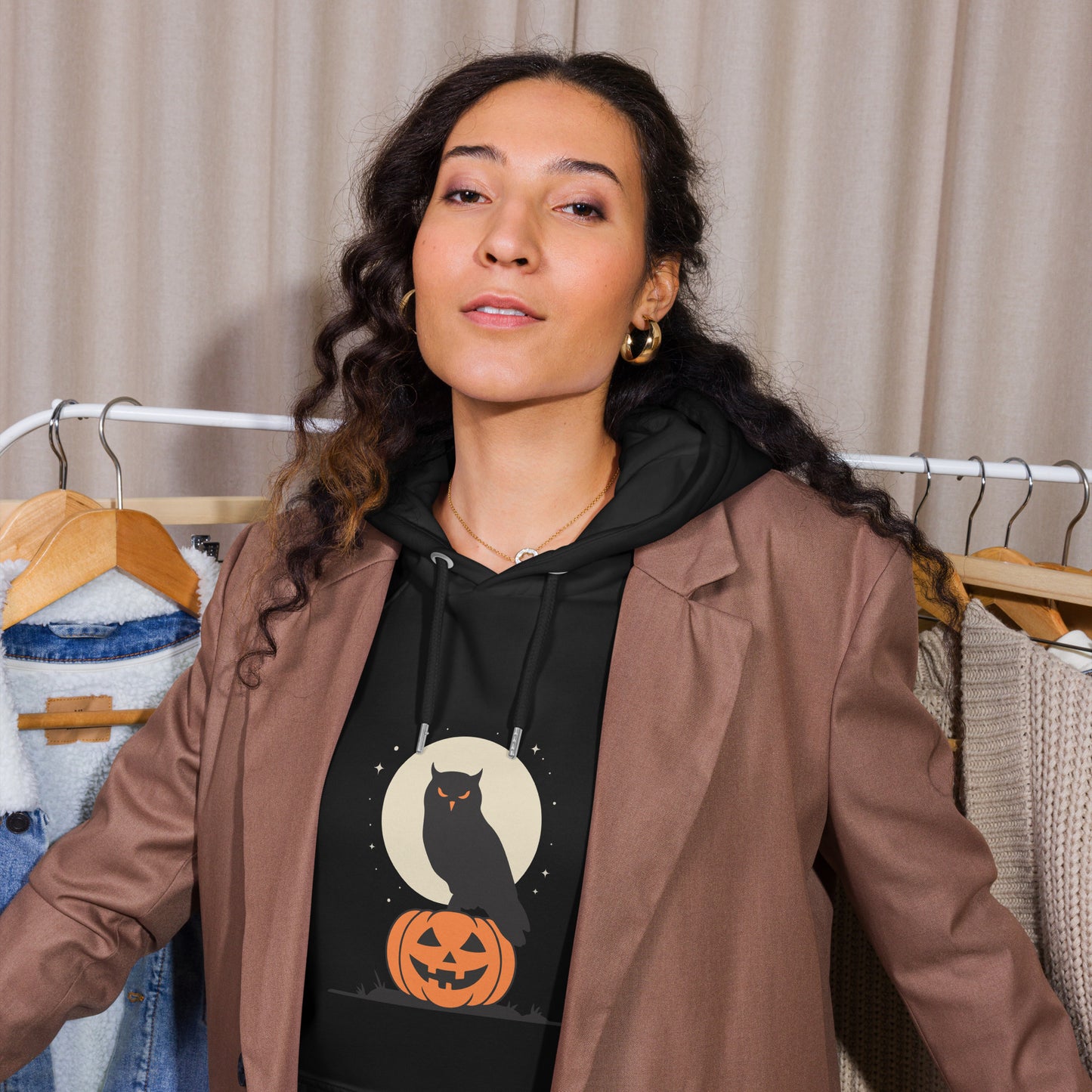 Unisex Eco Raglan Hoodie: Halloween Owl Cozy Sustainable Style USA Dudeily