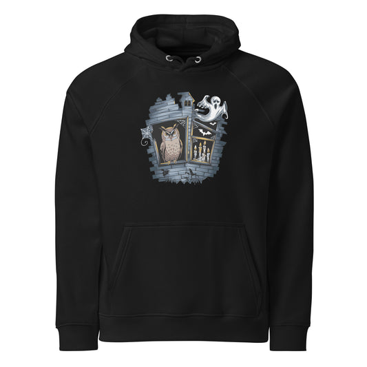 Unisex Eco Raglan Hoodie: Halloween Owl Cozy Sustainable Style USA Dudeily