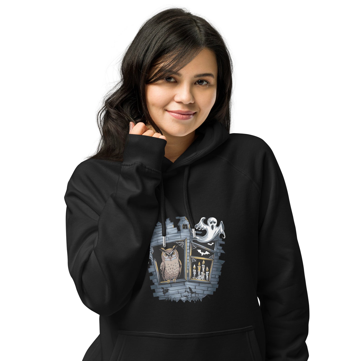 Unisex Eco Raglan Hoodie: Halloween Owl Cozy Sustainable Style USA Dudeily