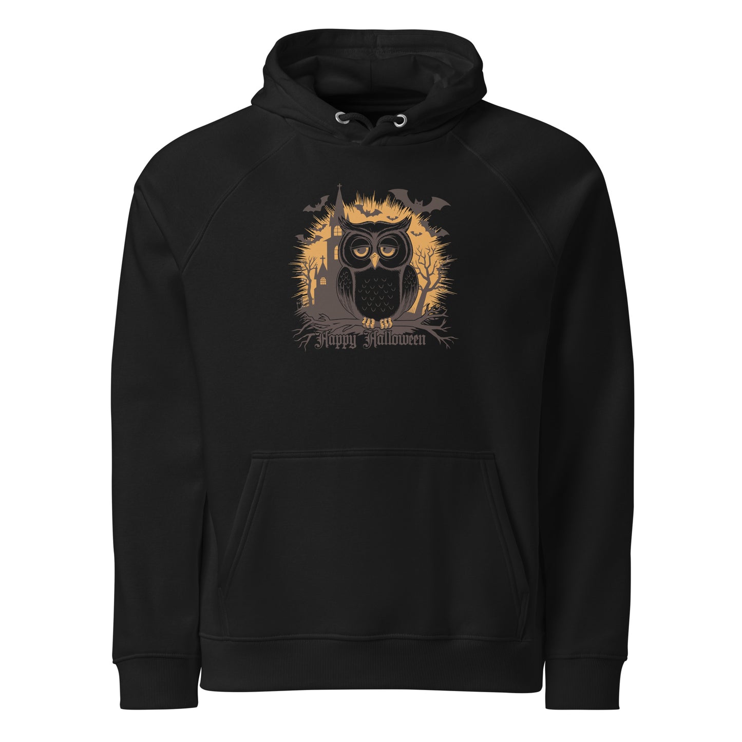 Unisex Eco Raglan Hoodie: Halloween Owl Cozy Sustainable Style USA Dudeily