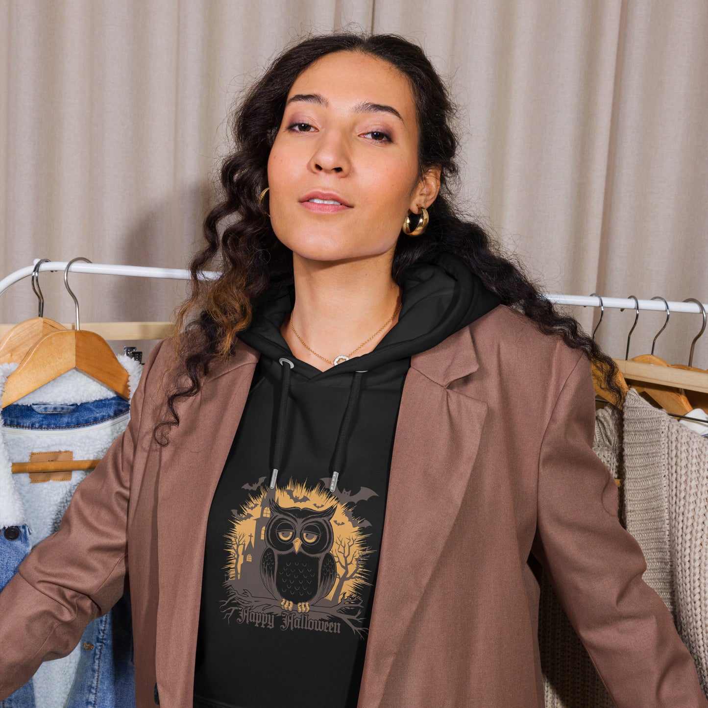 Unisex Eco Raglan Hoodie: Halloween Owl Cozy Sustainable Style USA Dudeily