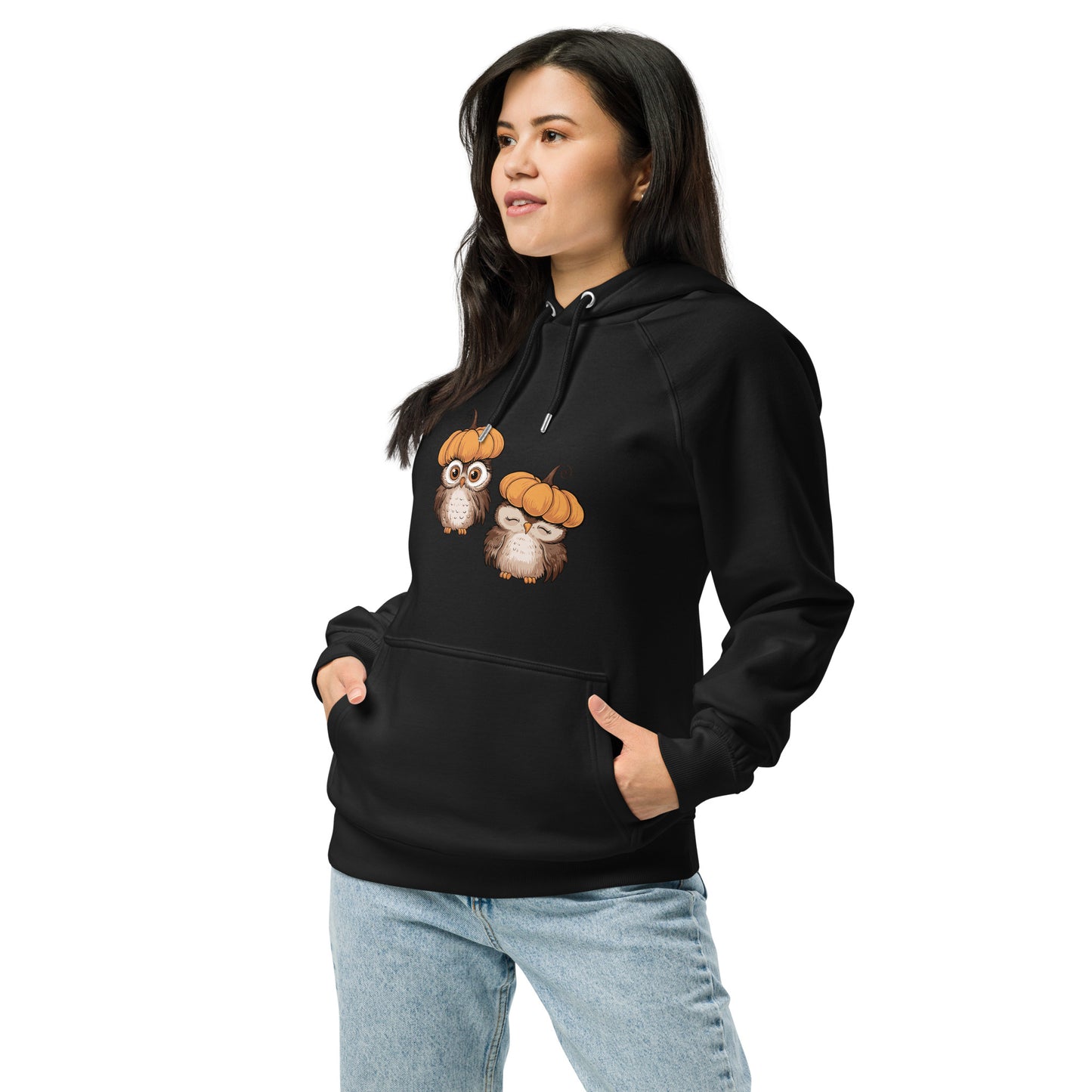 Unisex Eco Raglan Hoodie: Halloween Owl Sustainable Style USA Black Dudeily