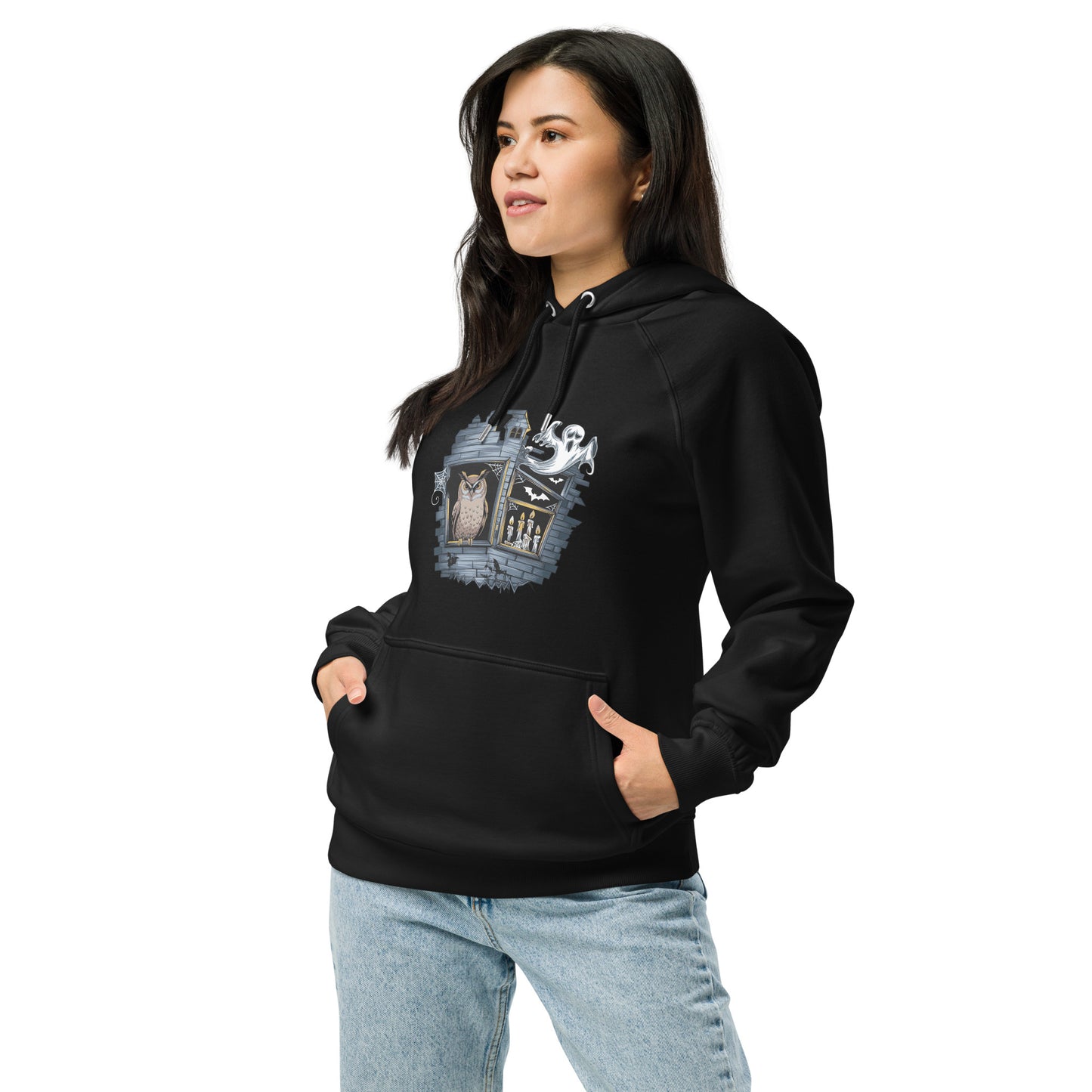 Unisex Eco Raglan Hoodie: Halloween Owl Cozy Sustainable Style USA Black Dudeily