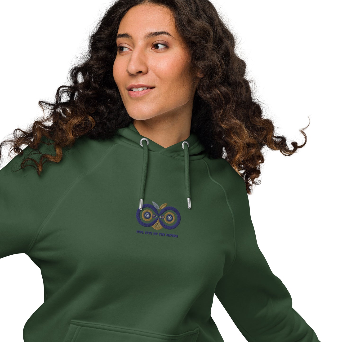 Embroidered Unisex Eco Raglan Hoodie – Owl Eyes on the Future | Owl-Themed Sustainable Fashion Dudeily