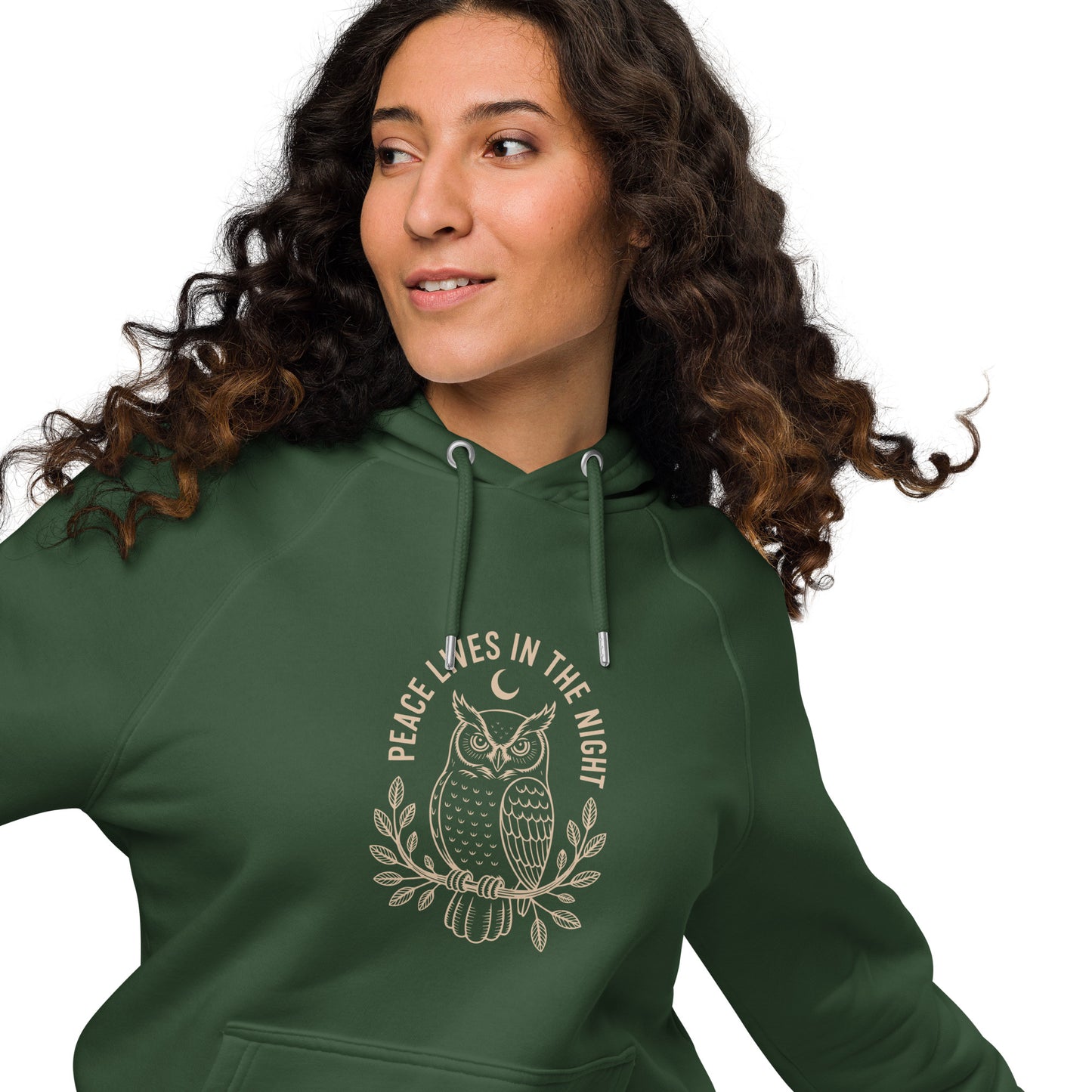Unisex Eco Raglan Hoodie: 'Peace in the Night' in Fall | Sustainable Owl Fashion USA Dudeily