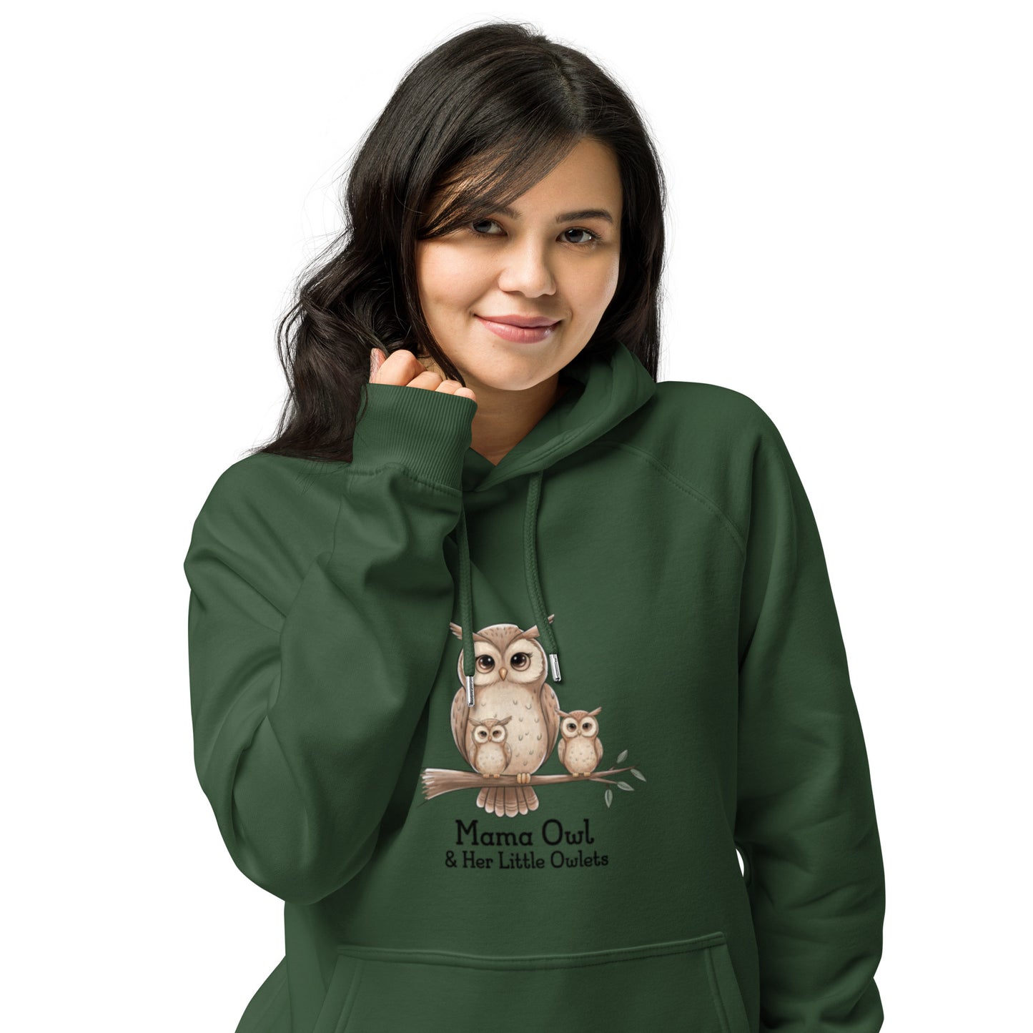 Unisex Eco Raglan Hoodie – Owl-Themed Eco-Friendly & Sustainable Bottle green Dudeily