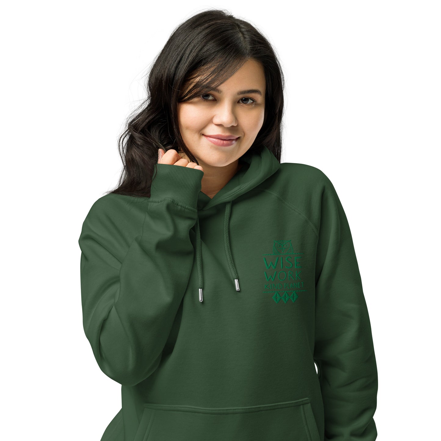 Unisex Eco Raglan Hoodie: Wise Work, Kind Planet | Embroidered Owl Hoodie – Sustainable Fashion Dudeily