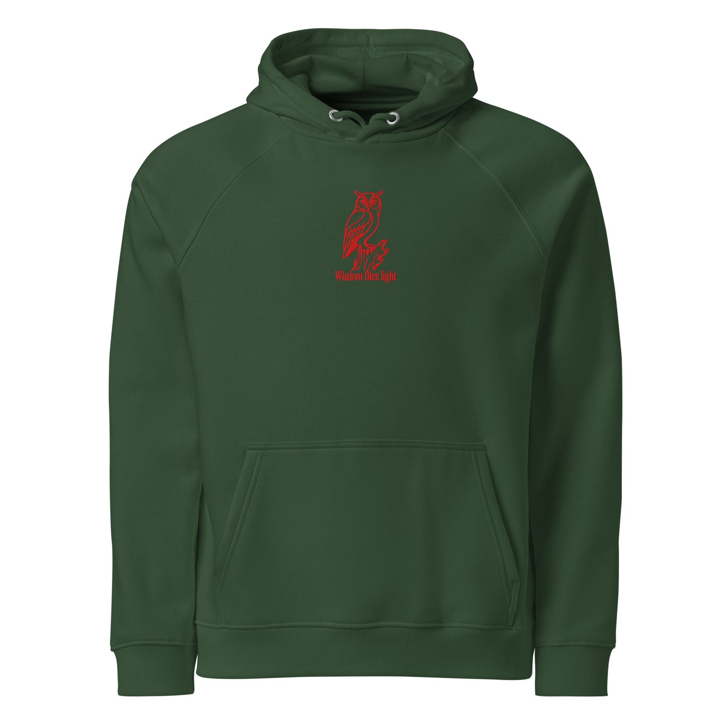 Owl Unisex Eco Raglan Hoodie: 'Wisdom Flies Light' in Fall | Sustainable Fashion Bottle green Dudeily