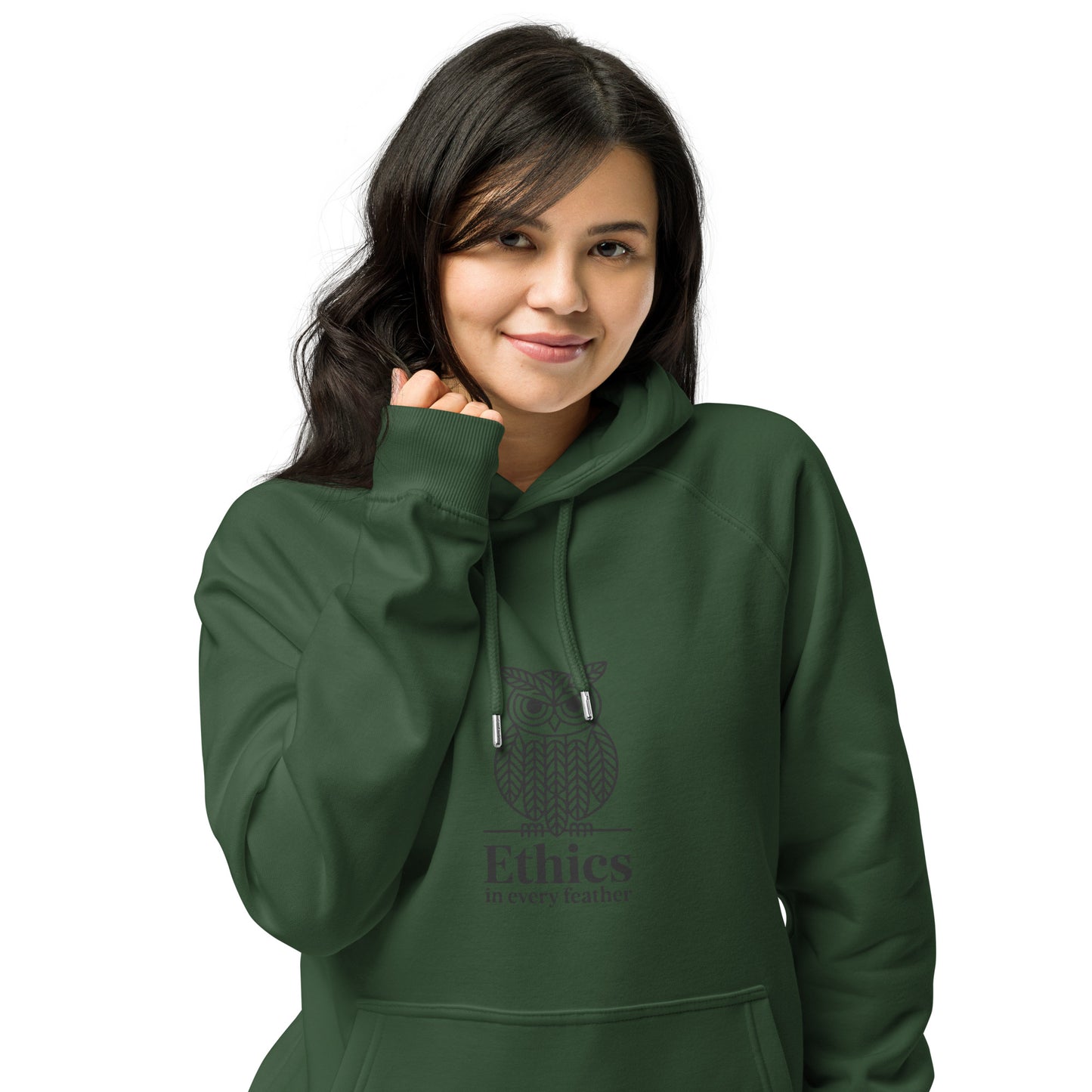 Unisex eco raglan hoodie: 'Ethics in Every Feather' | Sustainable Owl Fashion USA Dudeily
