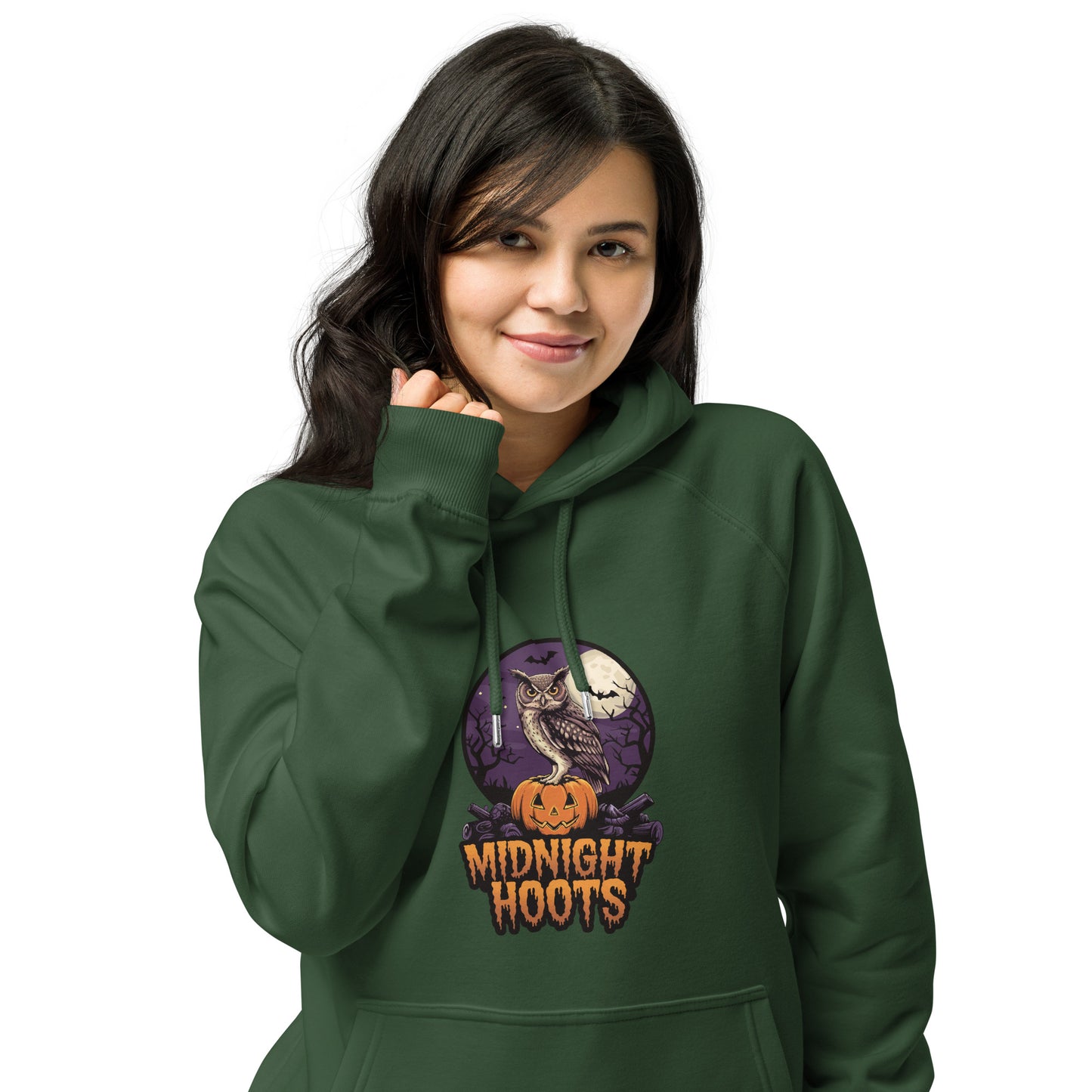 Unisex Eco Raglan Hoodie: Halloween Owl Sustainable Cozy Style USA Dudeily