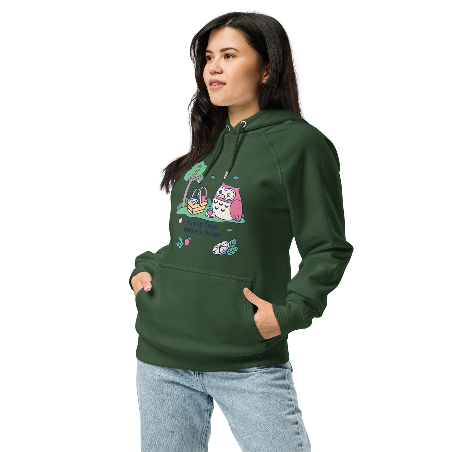 Unisex Eco Raglan Hoodie – OwlWing Sustainable Fashion for Family Day Comfort Bottle green Dudeily
