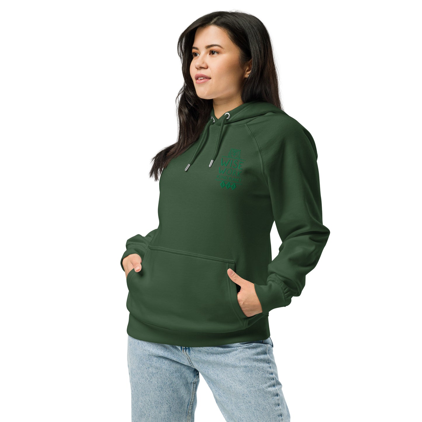 Unisex Eco Raglan Hoodie: Wise Work, Kind Planet | Embroidered Owl Hoodie – Sustainable Fashion Bottle green Dudeily