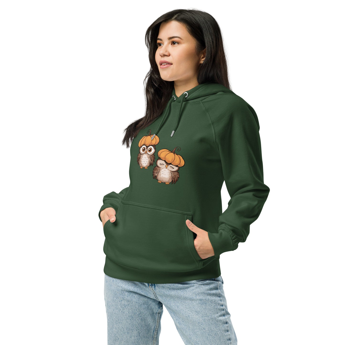 Unisex Eco Raglan Hoodie: Halloween Owl Sustainable Style USA Bottle green Dudeily