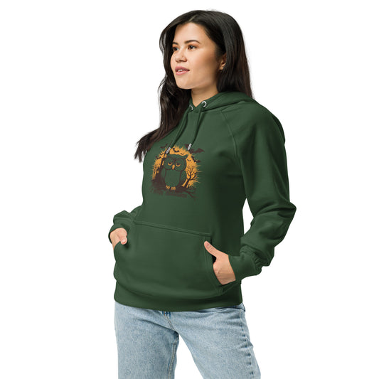 Unisex Eco Raglan Hoodie: Halloween Owl Cozy Sustainable Style USA Bottle green Dudeily