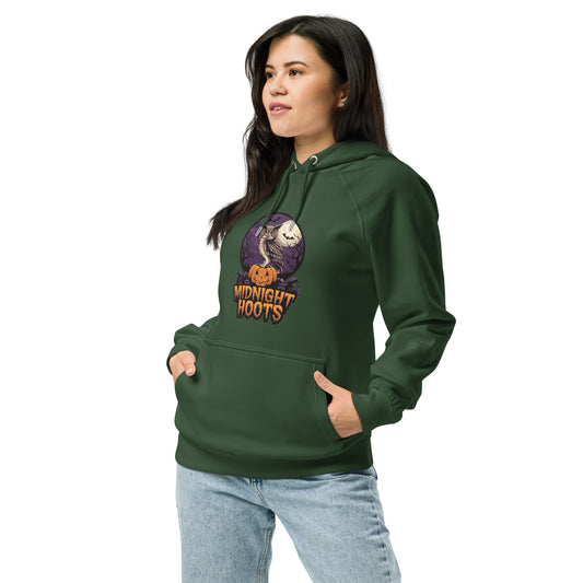 Unisex Eco Raglan Hoodie: Halloween Owl Sustainable Cozy Style USA Bottle green Dudeily