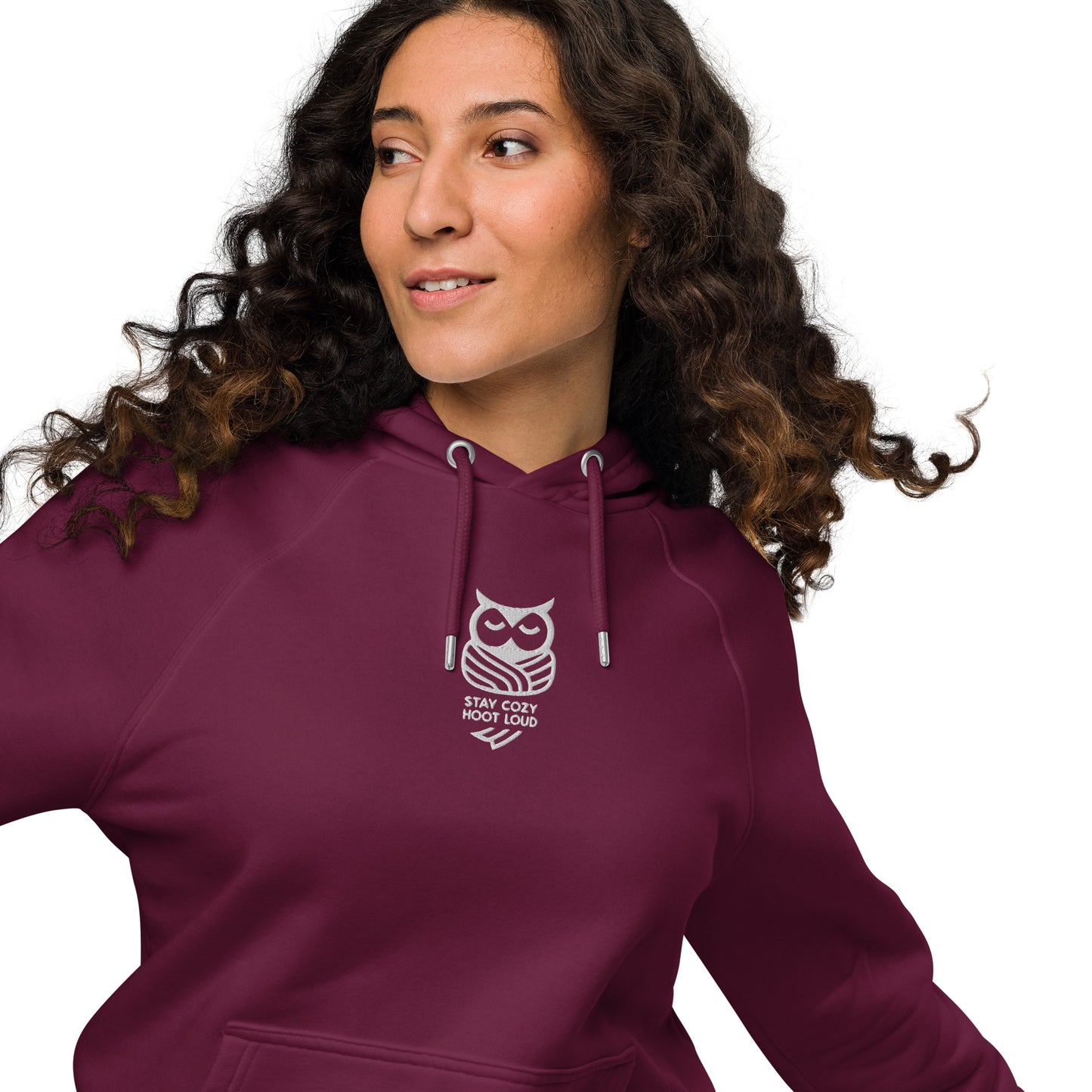 Sustainable Fashion USA-Owl Unisex Eco Raglan Hoodie: 'Stay Cozy Hoot Loud' in Fall Burgundy Dudeily