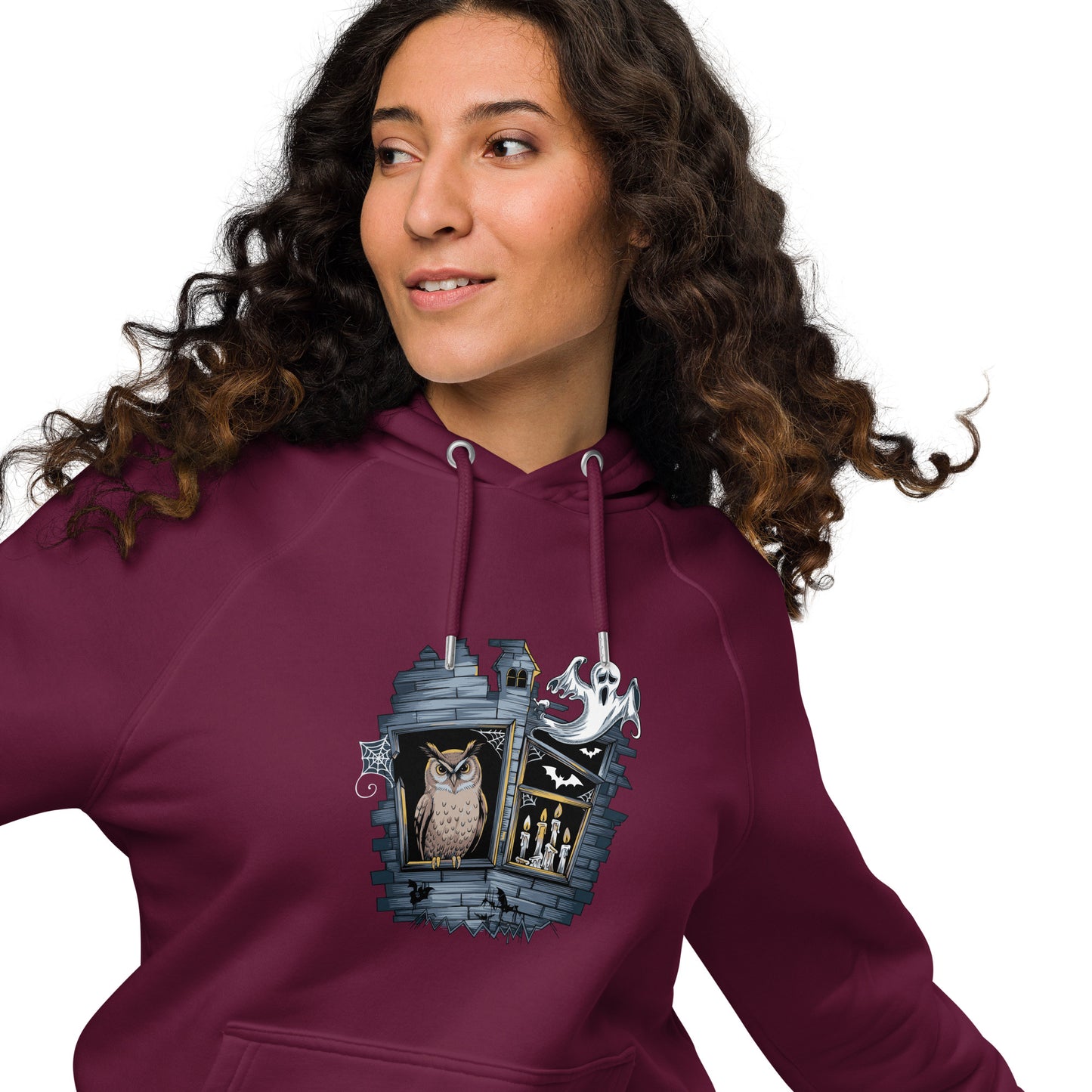 Unisex Eco Raglan Hoodie: Halloween Owl Cozy Sustainable Style USA Dudeily