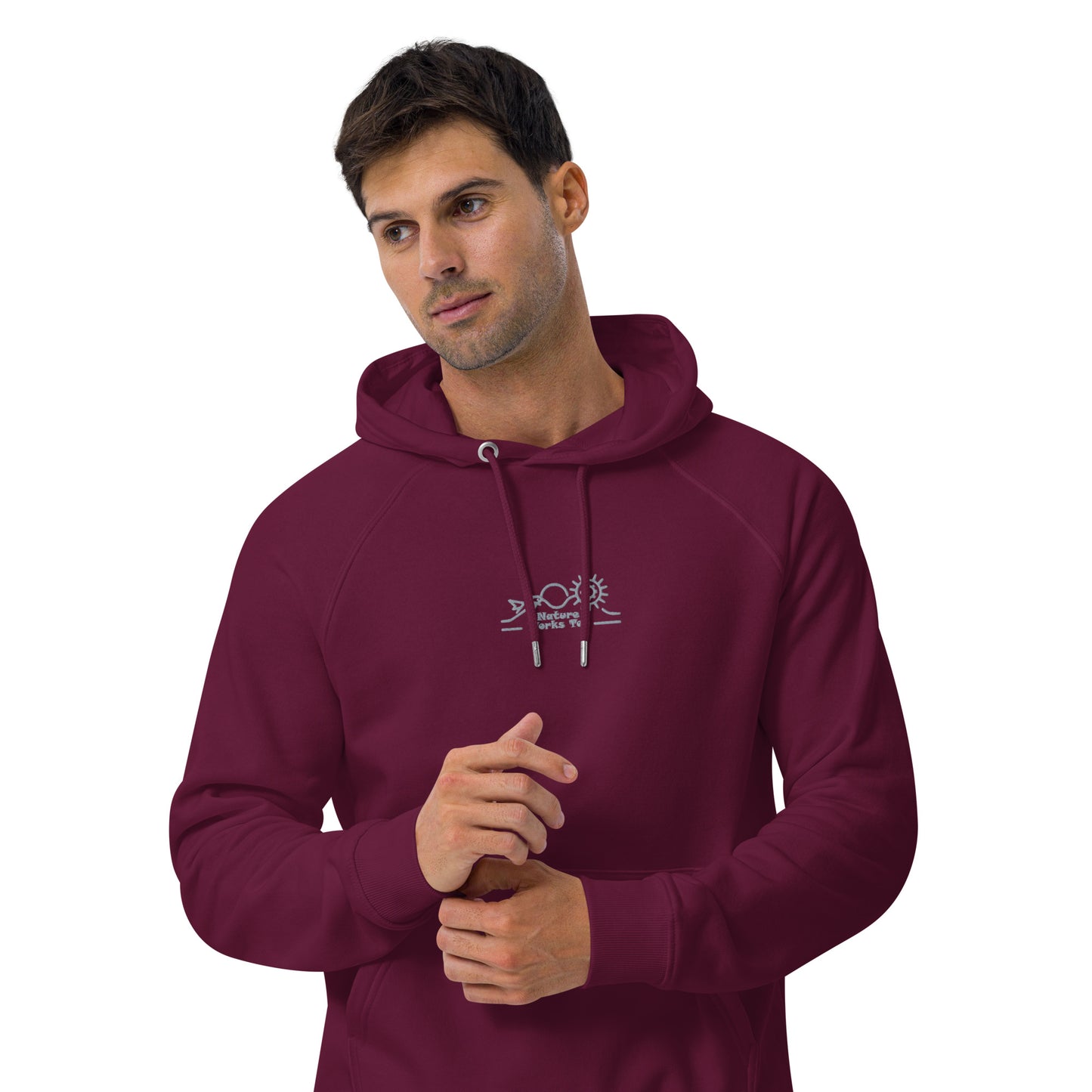 Unisex Eco Raglan Hoodie: Nature Works Too | Owl Embroidered Sustainable Fashion Dudeily