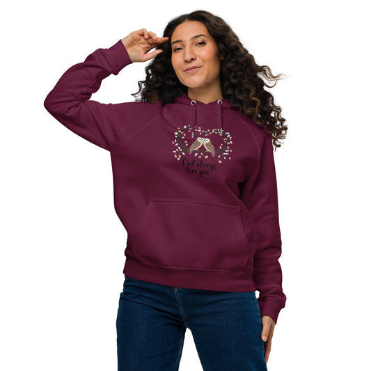 Owl-Themed Unisex Eco Raglan Hoodie | Sustainable & Cozy Apparel Burgundy Dudeily