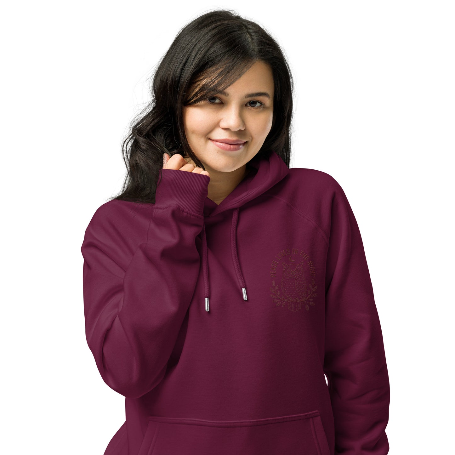 Owl Unisex Eco Raglan Hoodie – 'Peace Lives in the Night' in Fall | Sustainable Fashion Dudeily