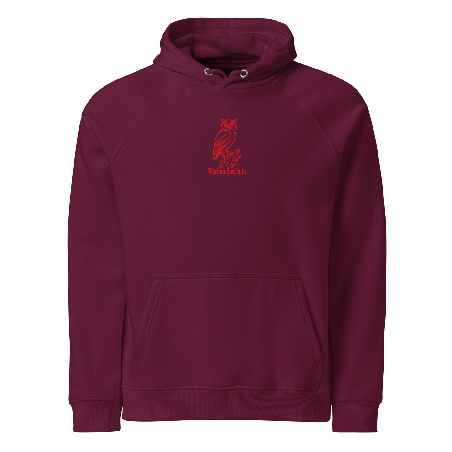 Owl Unisex Eco Raglan Hoodie: 'Wisdom Flies Light' in Fall | Sustainable Fashion Burgundy Dudeily
