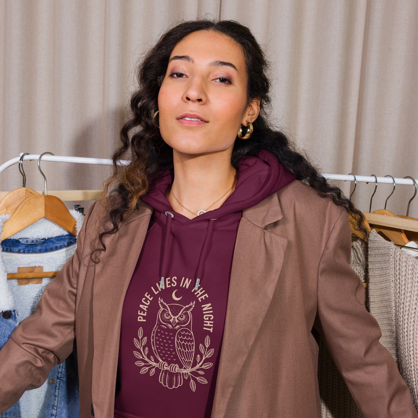 Unisex Eco Raglan Hoodie: 'Peace in the Night' in Fall | Sustainable Owl Fashion USA Dudeily