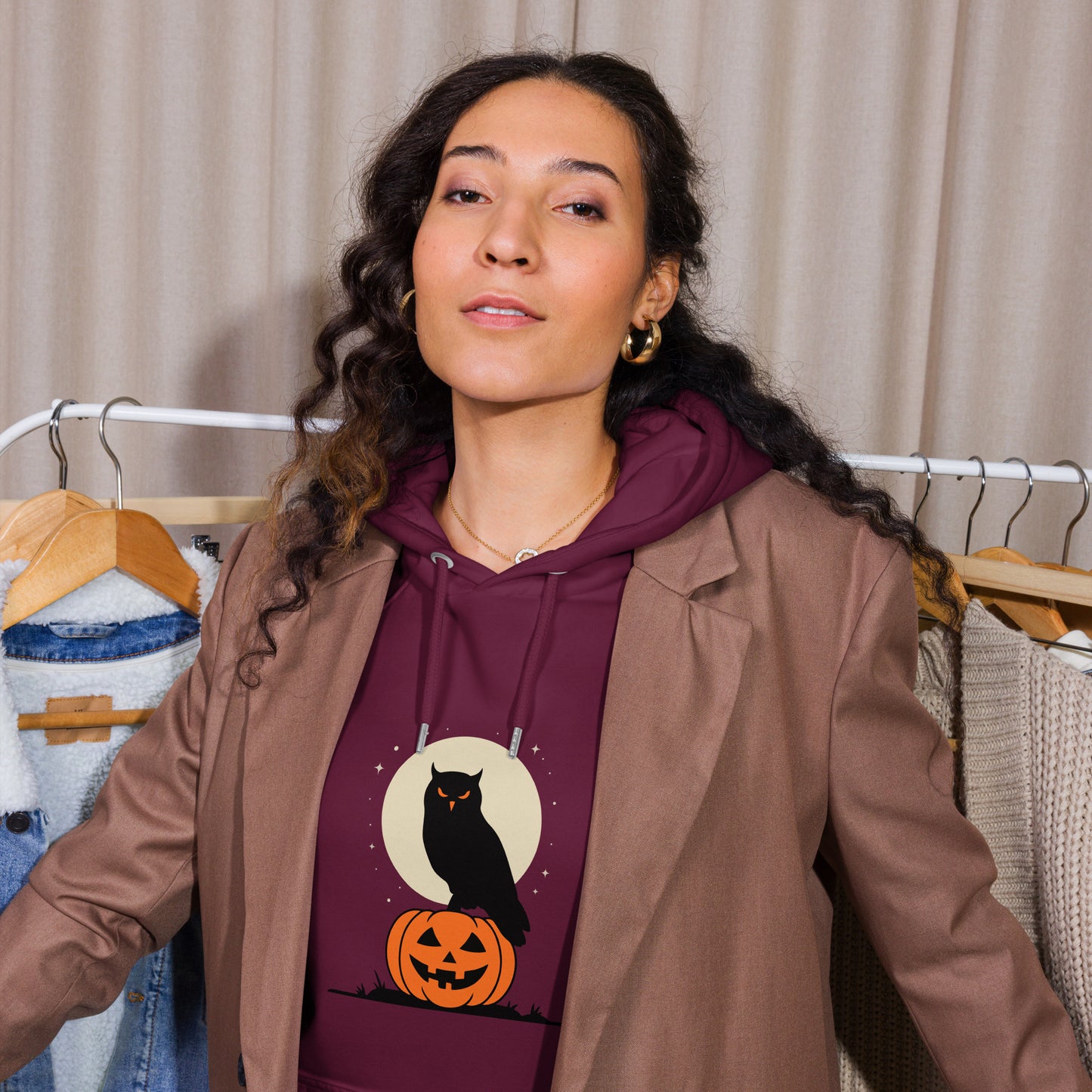 Unisex Eco Raglan Hoodie: Halloween Owl Cozy Sustainable Style USA Dudeily