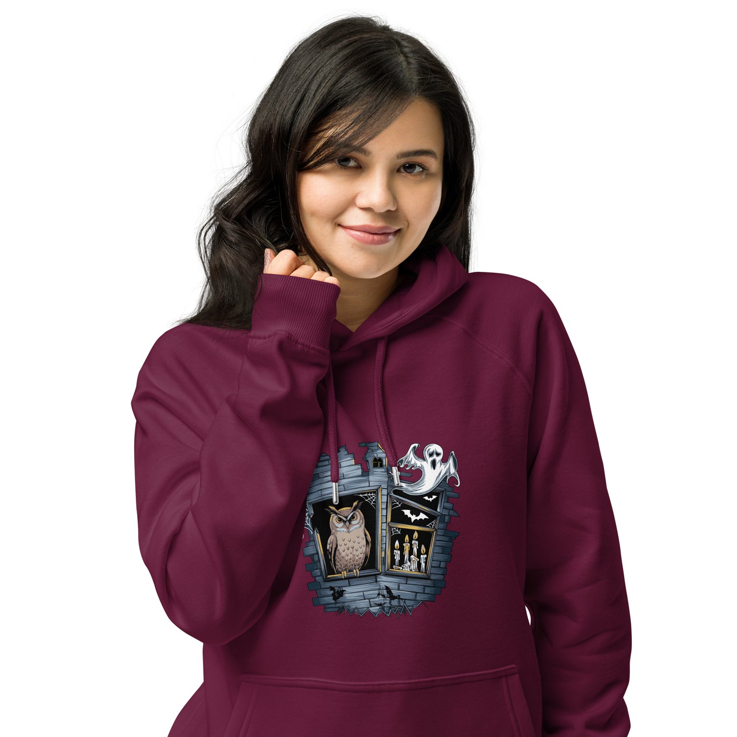 Unisex Eco Raglan Hoodie: Halloween Owl Cozy Sustainable Style USA Dudeily
