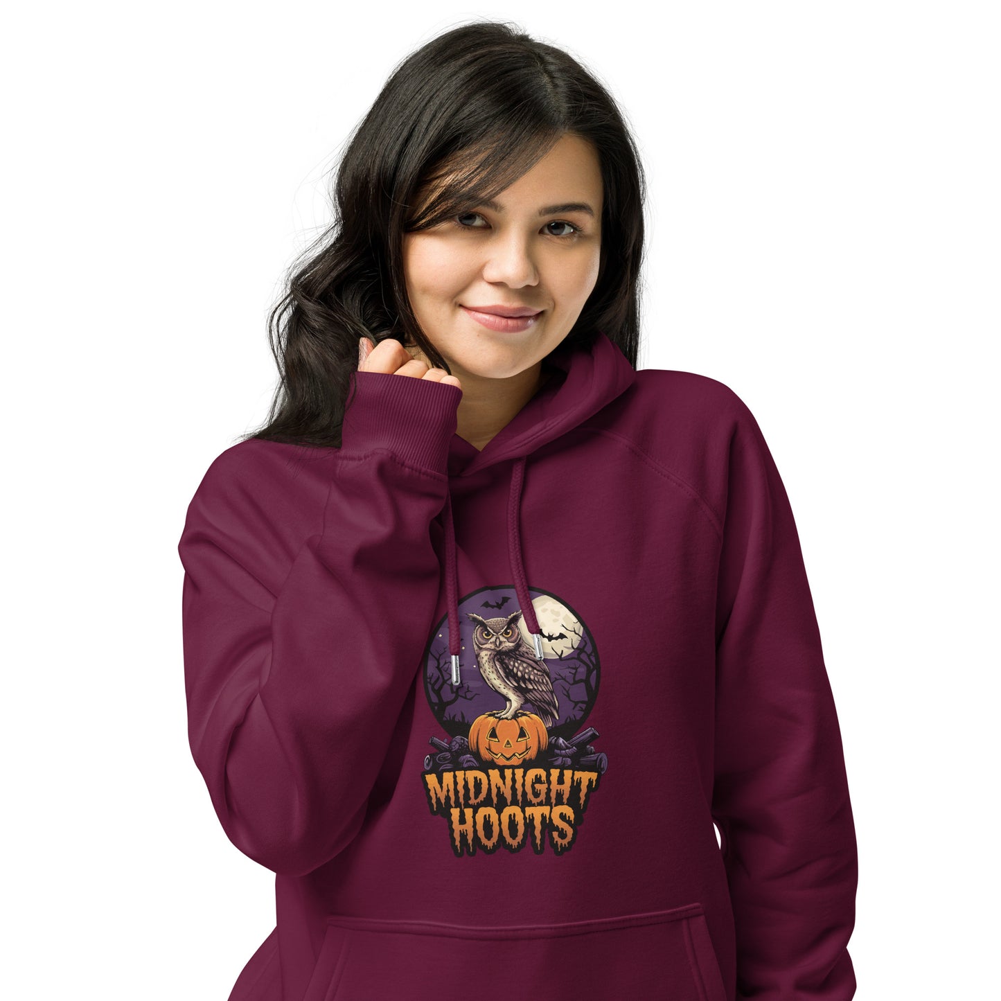 Unisex Eco Raglan Hoodie: Halloween Owl Sustainable Cozy Style USA Dudeily