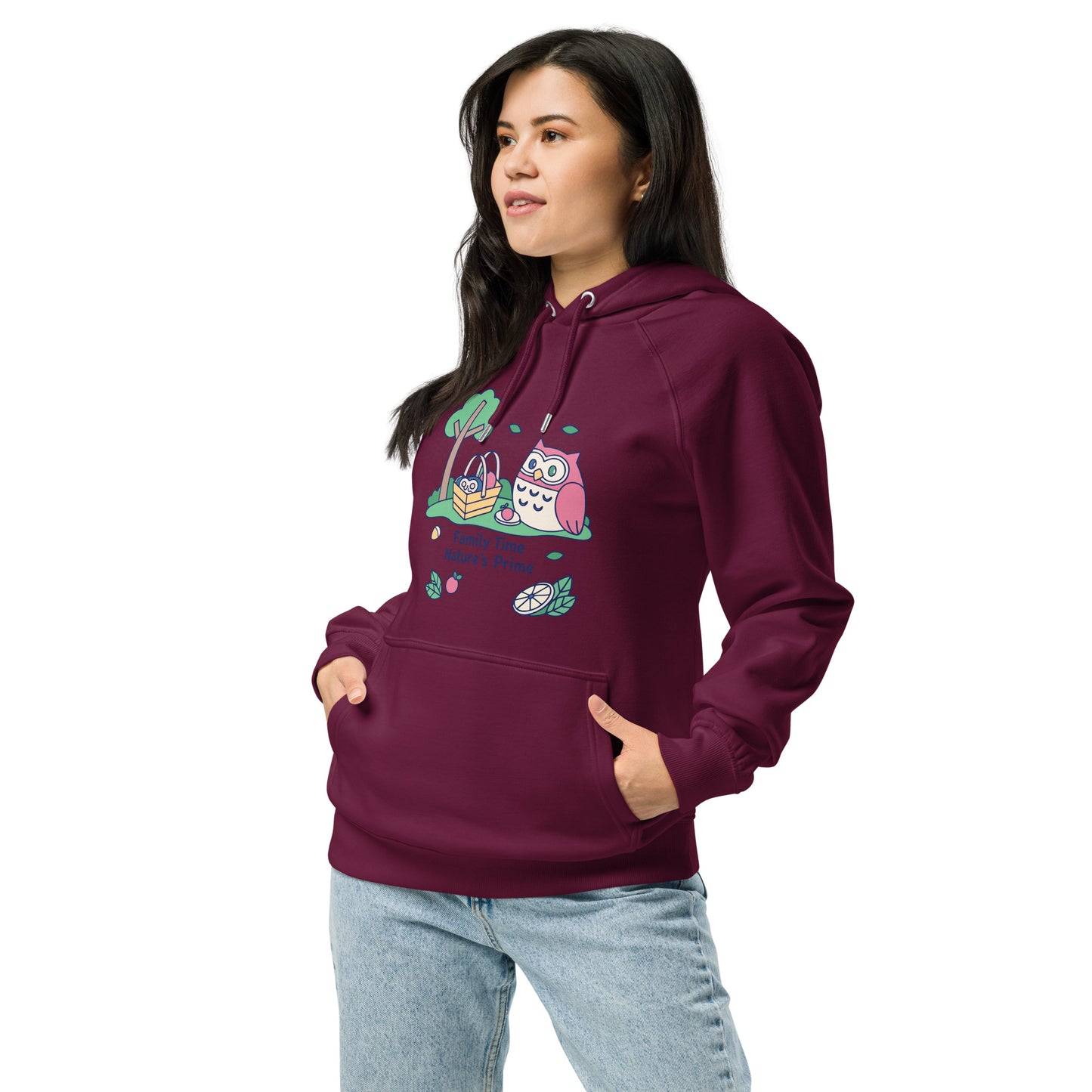 Unisex Eco Raglan Hoodie – OwlWing Sustainable Fashion for Family Day Comfort Burgundy Dudeily