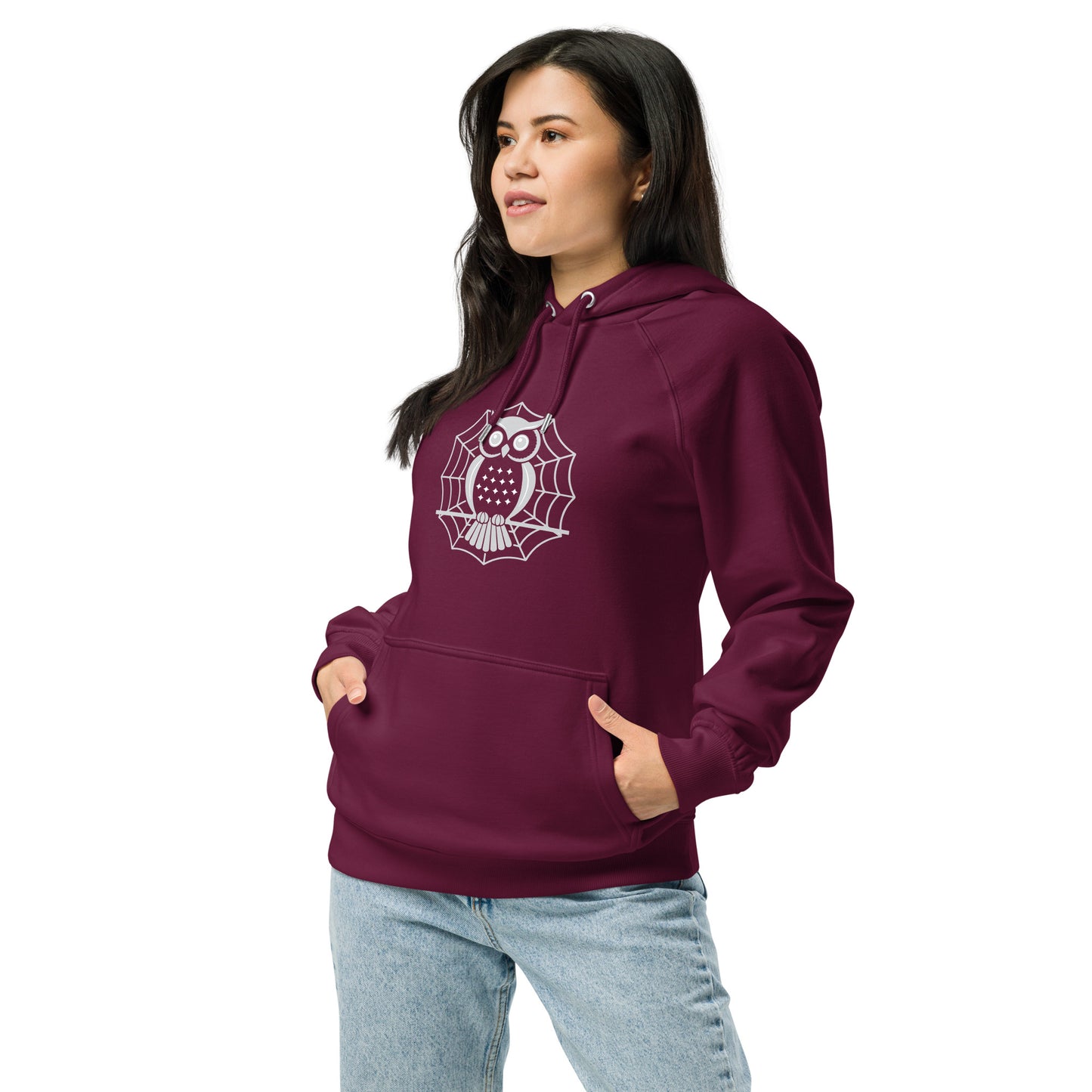 Unisex Eco Raglan Hoodie: Halloween Owl Cozy Sustainable Style USA Burgundy Dudeily