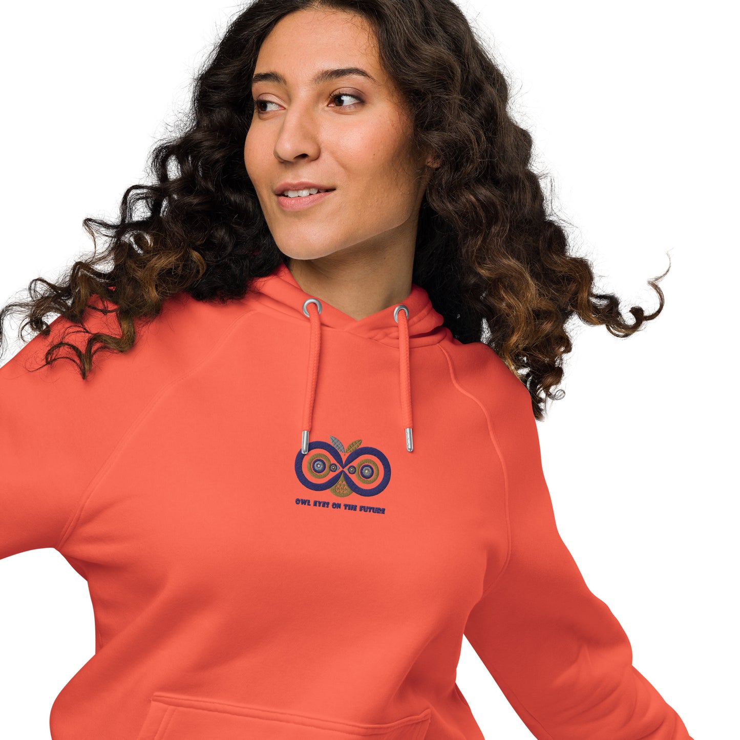 Embroidered Unisex Eco Raglan Hoodie – Owl Eyes on the Future | Owl-Themed Sustainable Fashion Dudeily