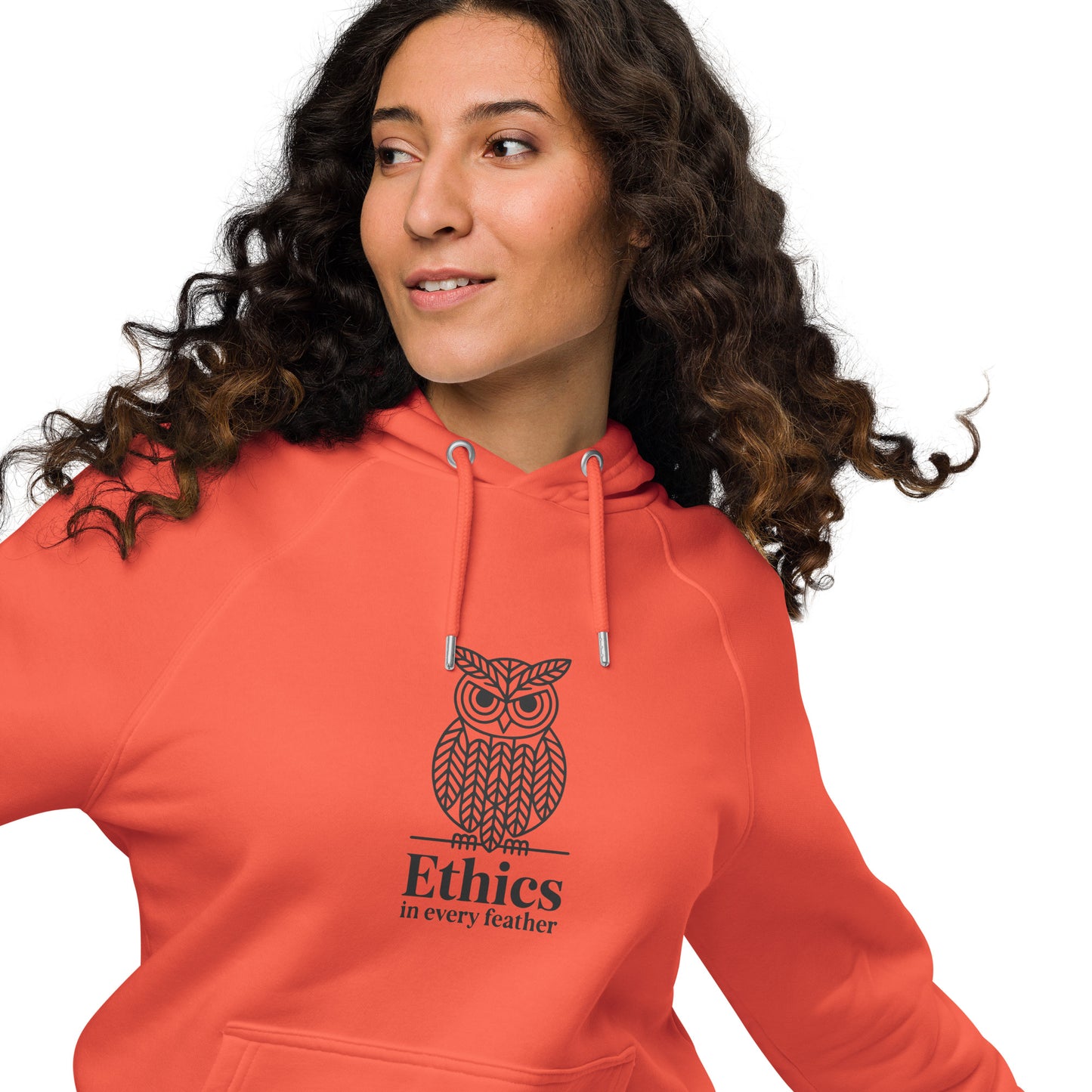 Unisex eco raglan hoodie: 'Ethics in Every Feather' | Sustainable Owl Fashion USA Dudeily