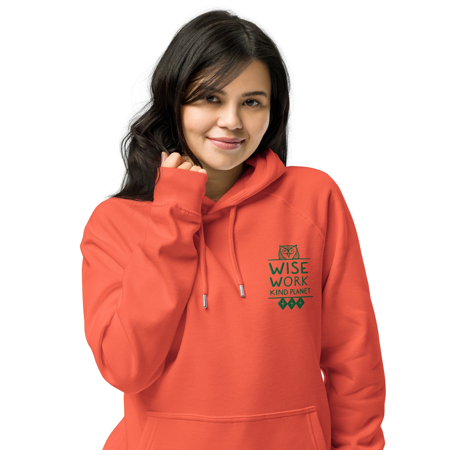 Unisex Eco Raglan Hoodie: Wise Work, Kind Planet | Embroidered Owl Hoodie – Sustainable Fashion Dudeily