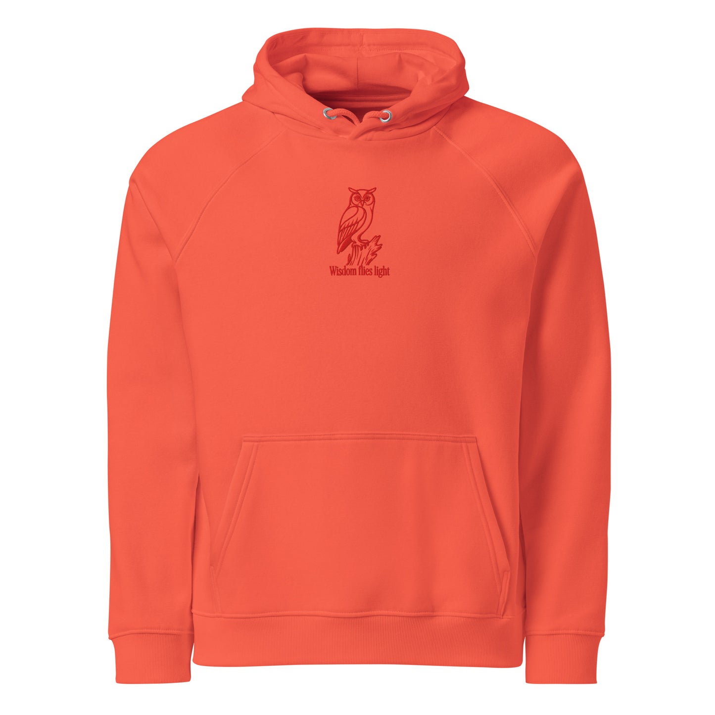 Owl Unisex Eco Raglan Hoodie: 'Wisdom Flies Light' in Fall | Sustainable Fashion Burnt Orange Dudeily