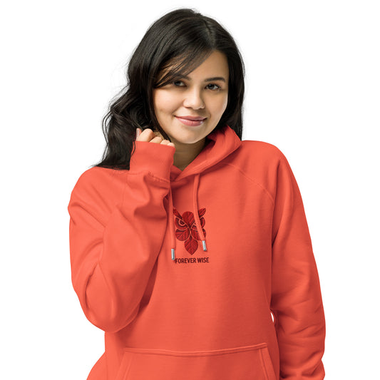 Owl Unisex Eco Raglan Hoodie: 'Forever Wise' in Fall | Sustainable Fashion USA Burnt Orange Dudeily