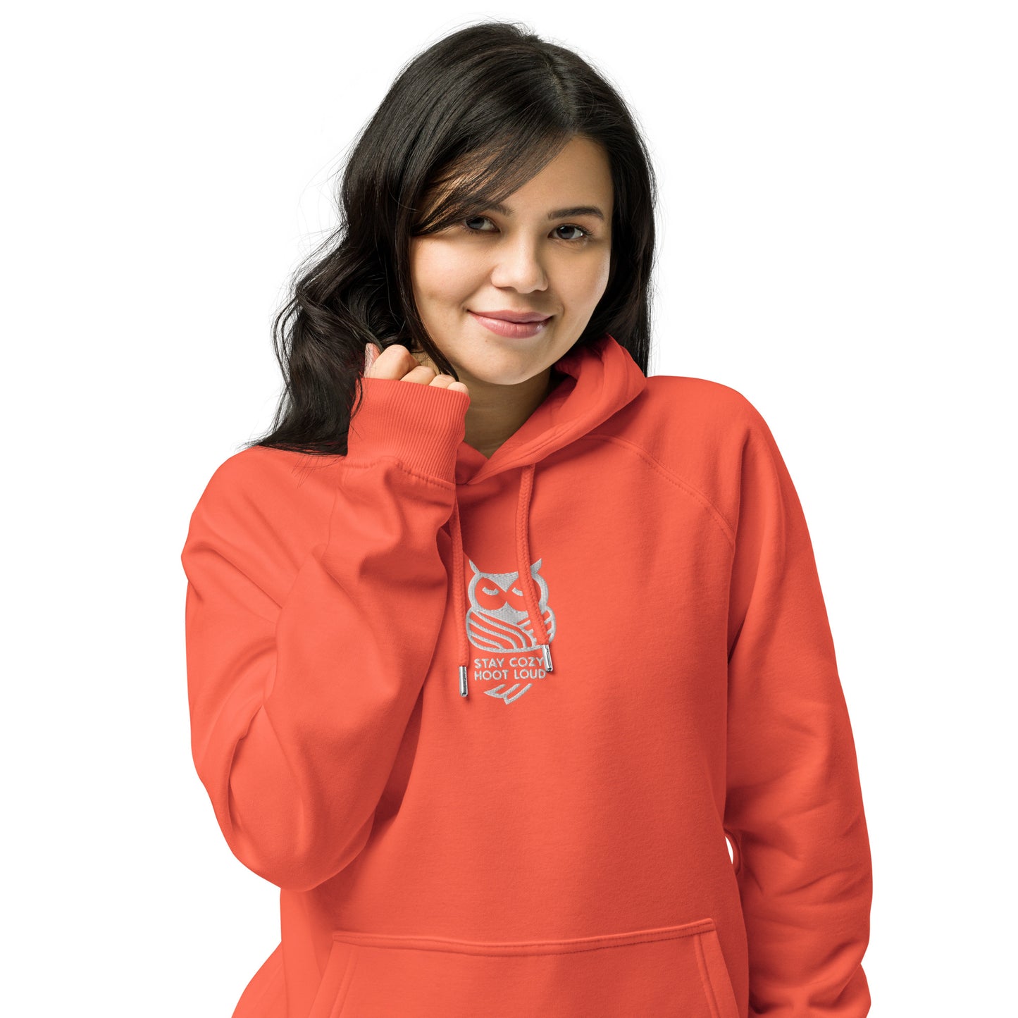 Sustainable Fashion USA | Owl Unisex Eco Raglan Hoodie: 'Stay Cozy Hoot Loud' in Fall Burnt Orange Dudeily