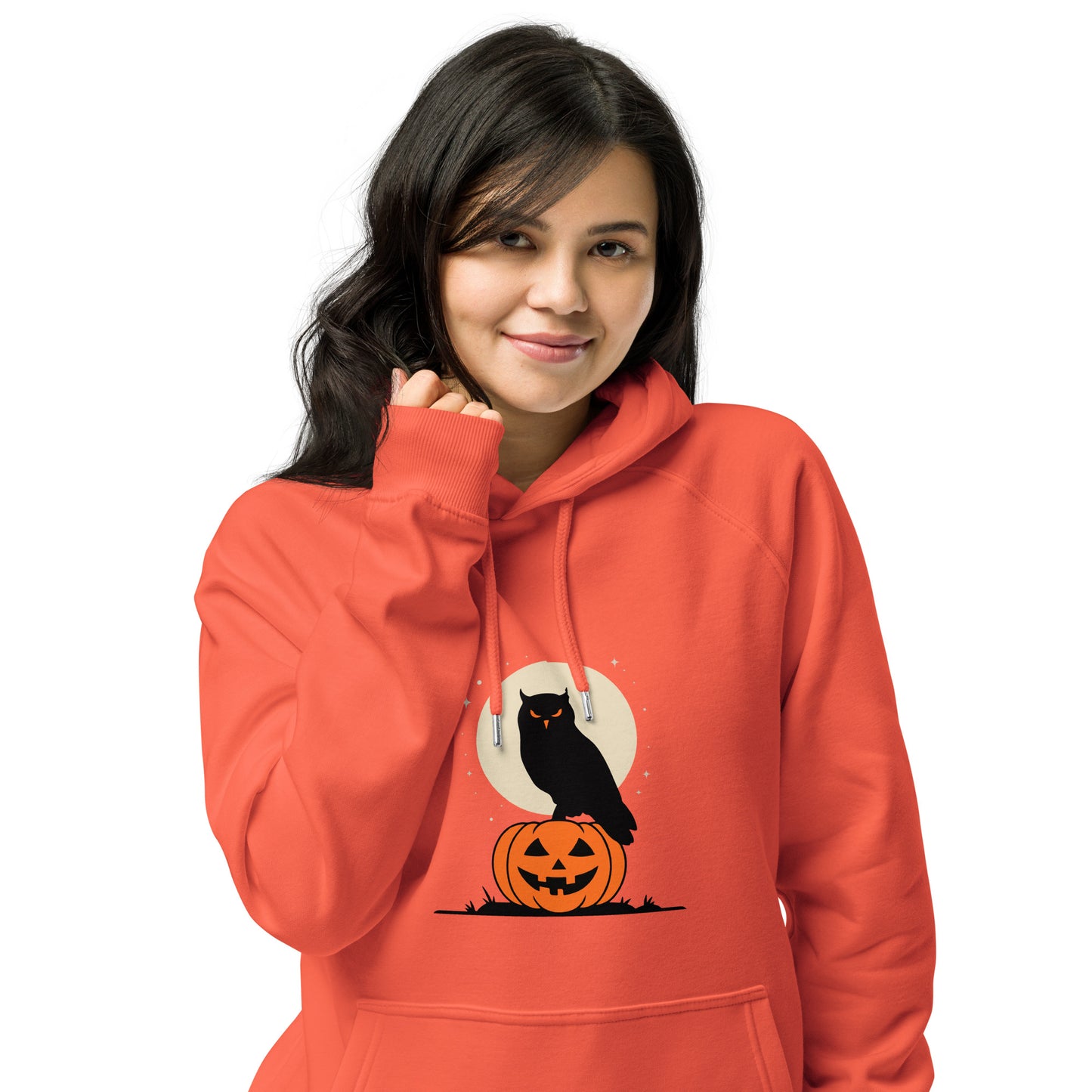 Unisex Eco Raglan Hoodie: Halloween Owl Cozy Sustainable Style USA Dudeily