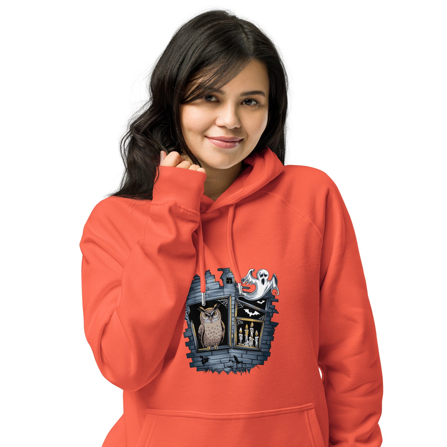 Unisex Eco Raglan Hoodie: Halloween Owl Cozy Sustainable Style USA Dudeily