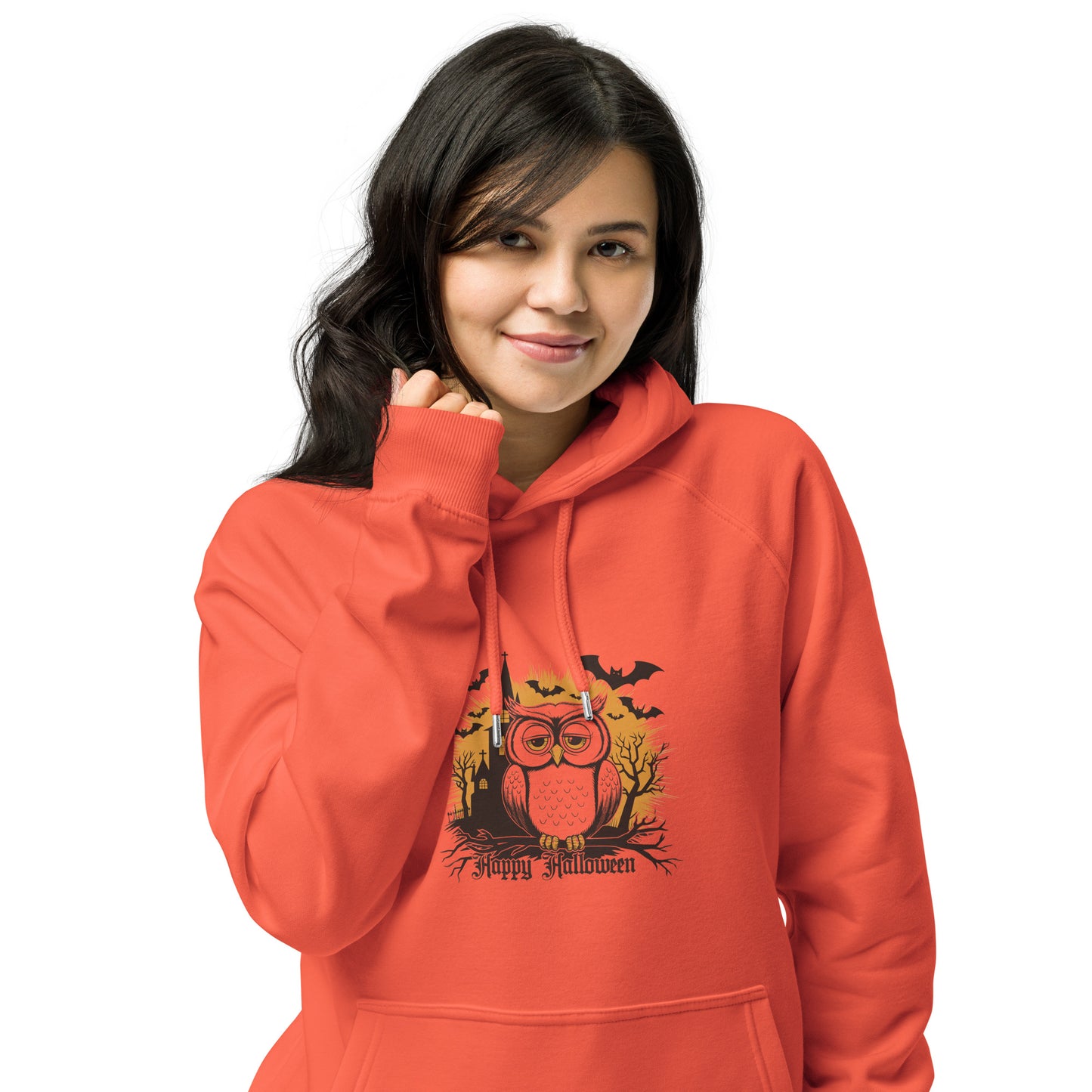 Unisex Eco Raglan Hoodie: Halloween Owl Cozy Sustainable Style USA Dudeily