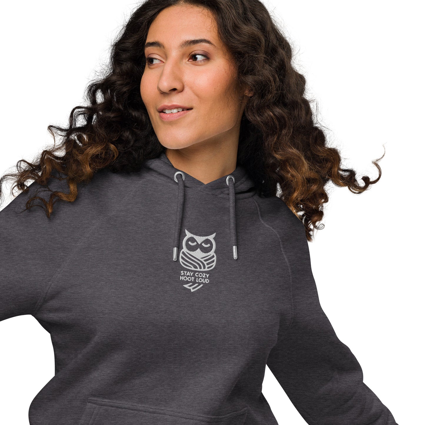 Sustainable Fashion USA-Owl Unisex Eco Raglan Hoodie: 'Stay Cozy Hoot Loud' in Fall Charcoal Melange Dudeily