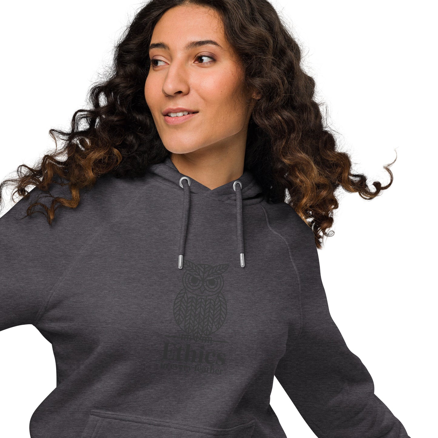 Unisex eco raglan hoodie: 'Ethics in Every Feather' | Sustainable Owl Fashion USA Dudeily
