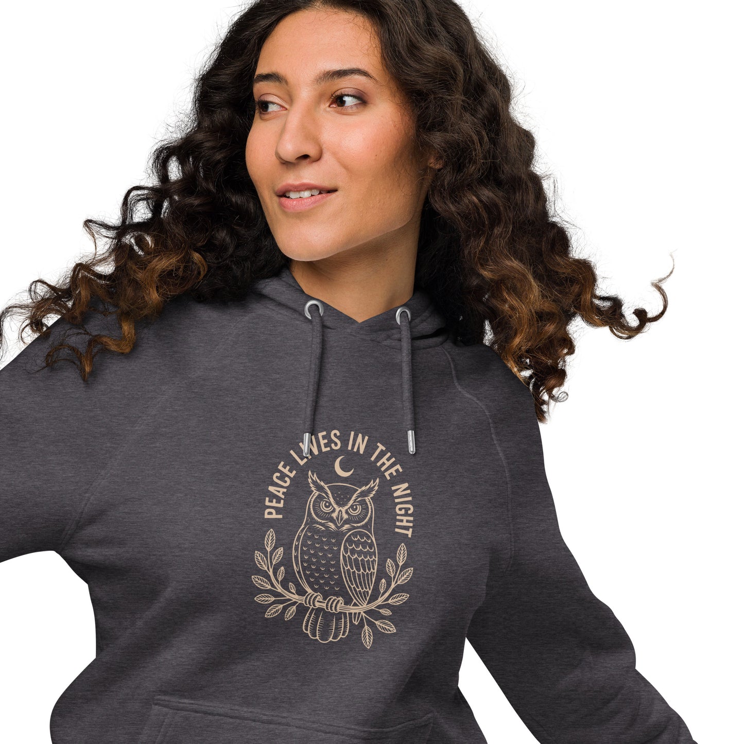 Unisex Eco Raglan Hoodie: 'Peace in the Night' in Fall | Sustainable Owl Fashion USA Dudeily
