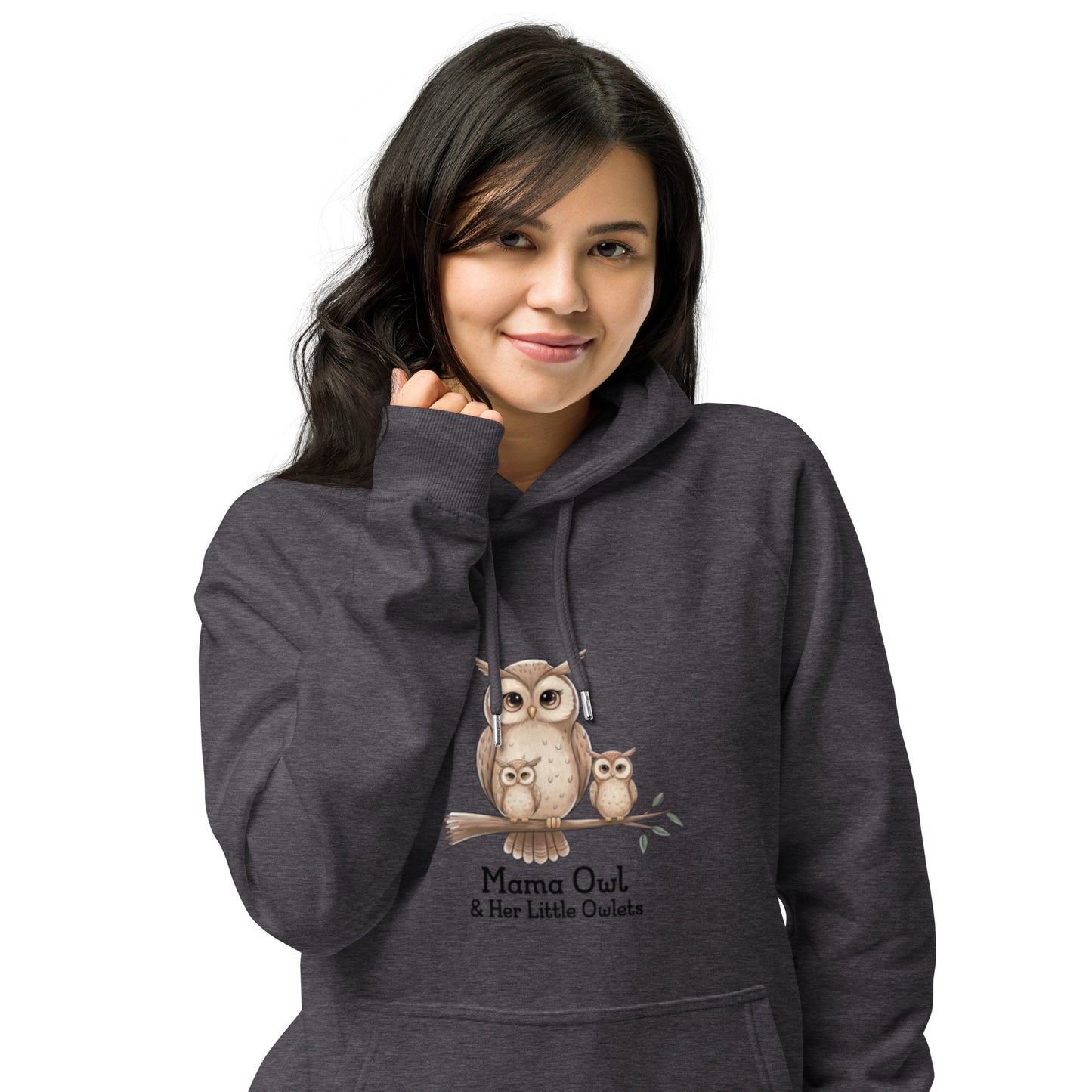 Unisex Eco Raglan Hoodie – Owl-Themed Eco-Friendly & Sustainable Charcoal Melange Dudeily