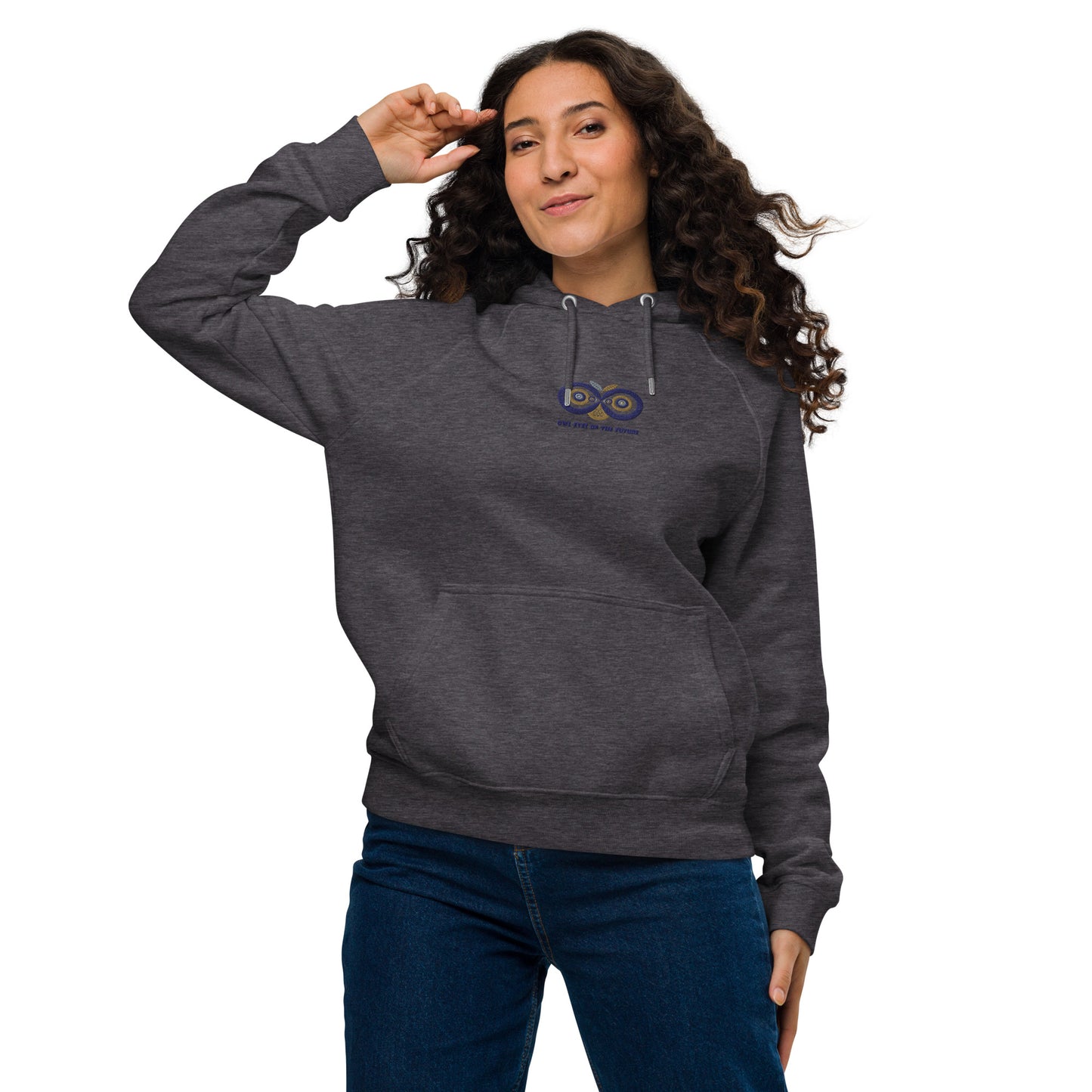 Embroidered Unisex Eco Raglan Hoodie – Owl Eyes on the Future | Owl-Themed Sustainable Fashion Charcoal Melange Dudeily
