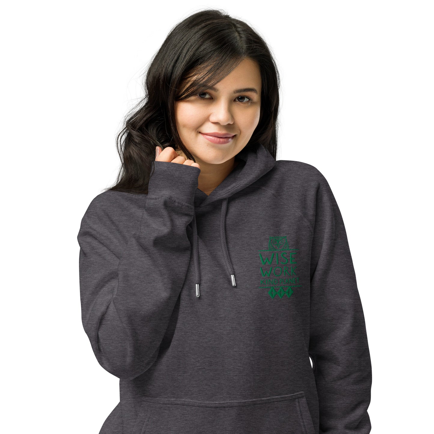 Unisex Eco Raglan Hoodie: Wise Work, Kind Planet | Embroidered Owl Hoodie – Sustainable Fashion Dudeily