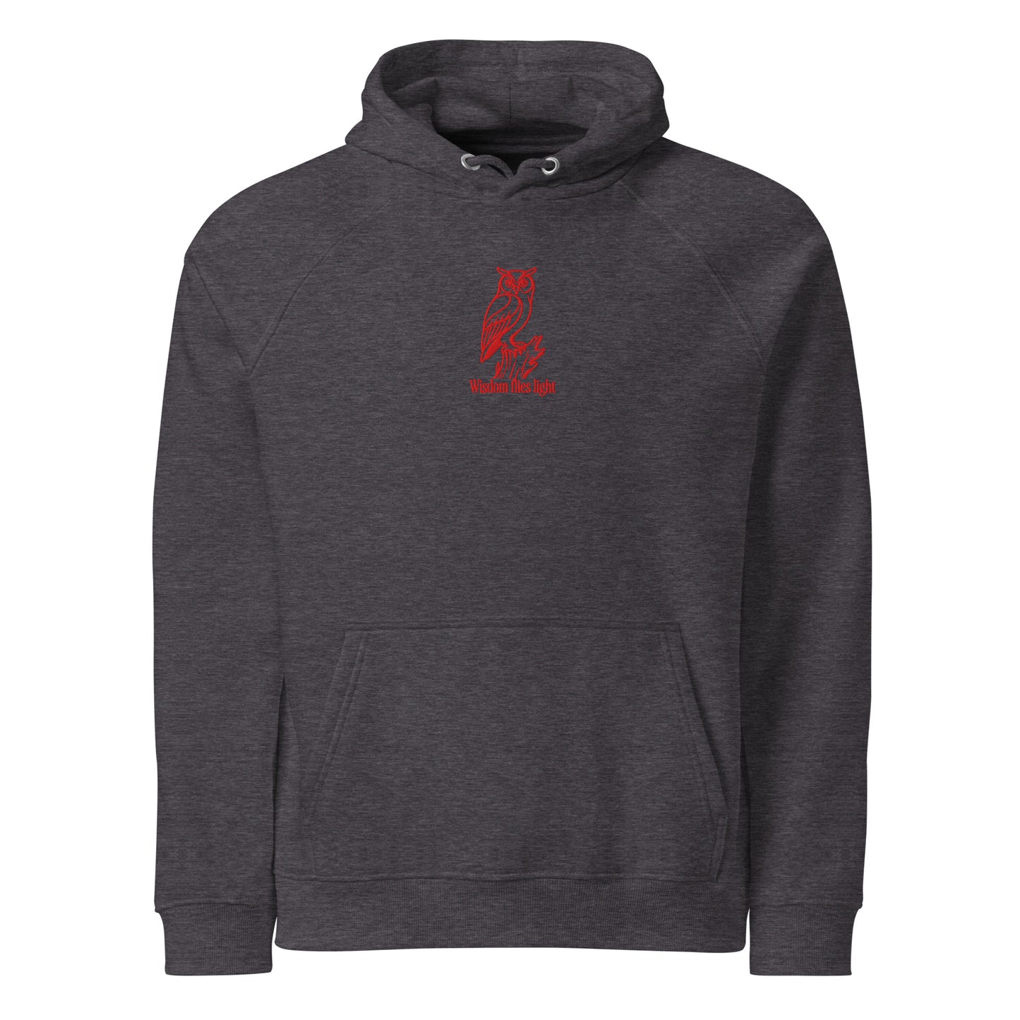 Owl Unisex Eco Raglan Hoodie: 'Wisdom Flies Light' in Fall | Sustainable Fashion Charcoal Melange Dudeily