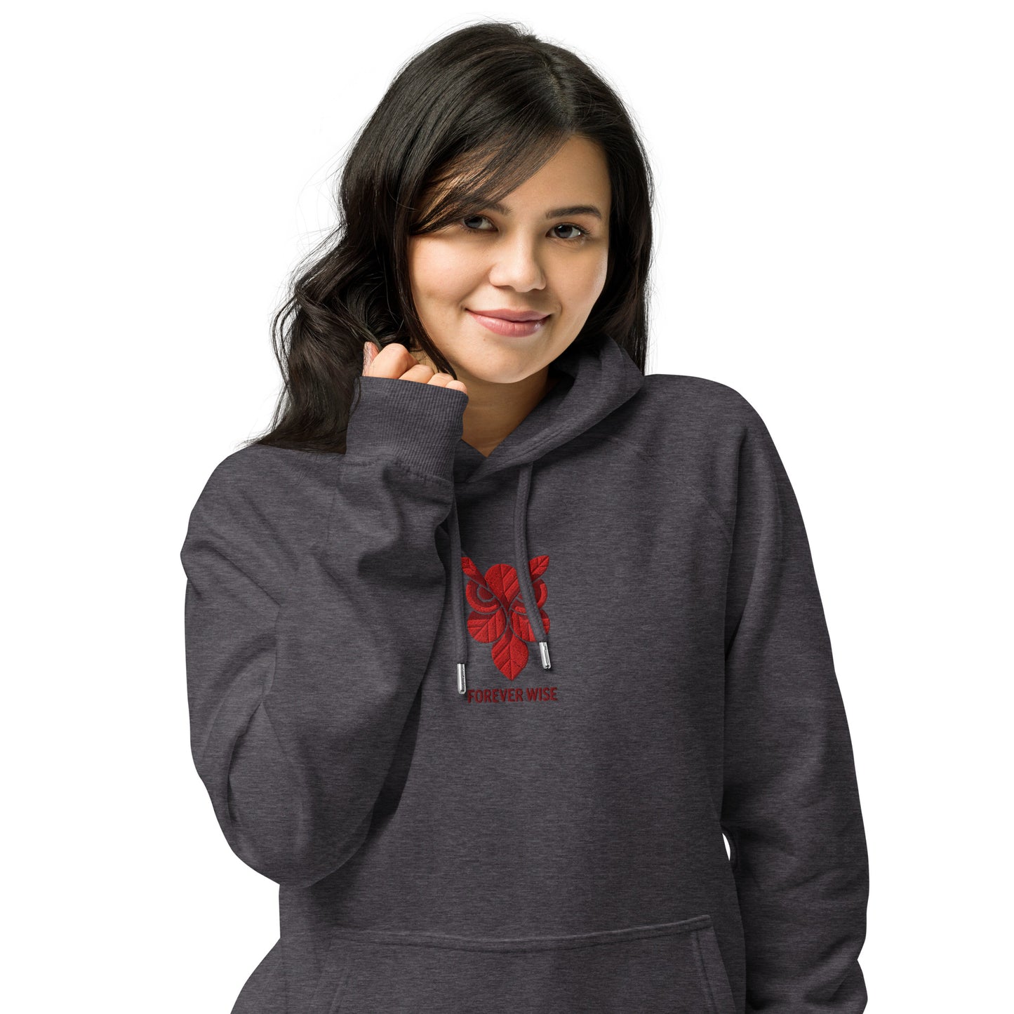 Owl Unisex Eco Raglan Hoodie: 'Forever Wise' in Fall | Sustainable Fashion USA Charcoal Melange Dudeily