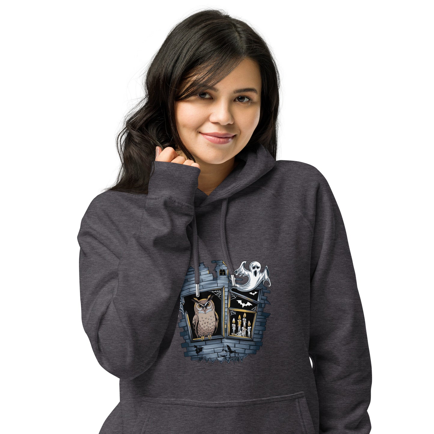 Unisex Eco Raglan Hoodie: Halloween Owl Cozy Sustainable Style USA Dudeily